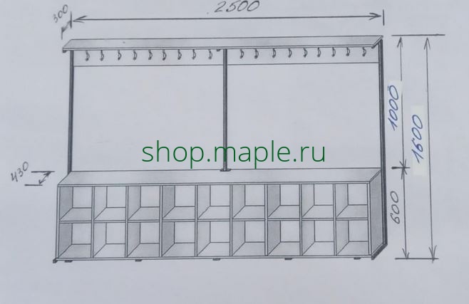 Картинка Вешалка напольная 1-но сторонняя с полками для обуви на 18 мест 2500*430*1600 мм.