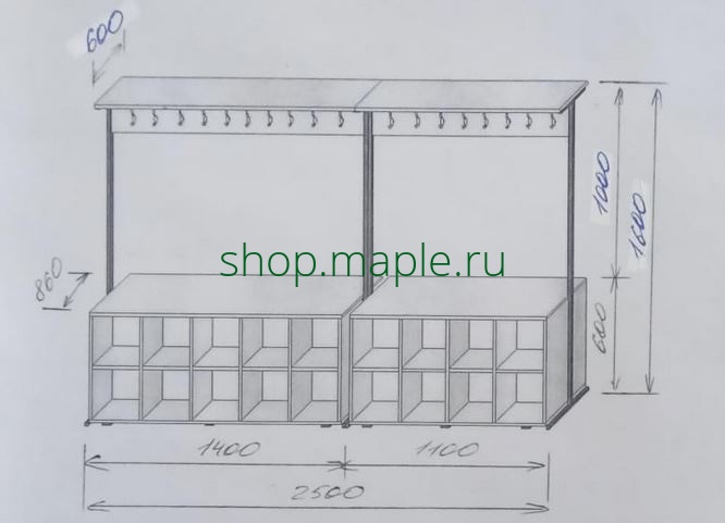 Картинка Вешалка напольная 2-х сторонняя с полками для обуви на 36 мест 2500*860*1600 мм. (из 2-х частей)