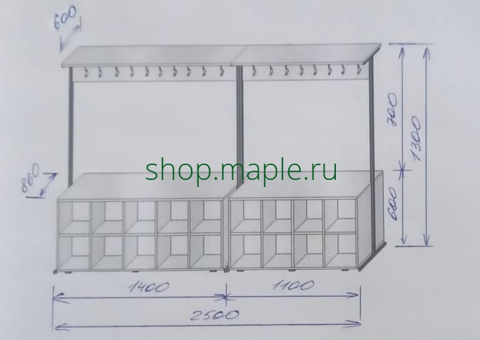 Картинка Вешалка напольная 2-х сторонняя с полками для обуви на 36 мест 2500*860*1300 мм. (из 2-х частей)