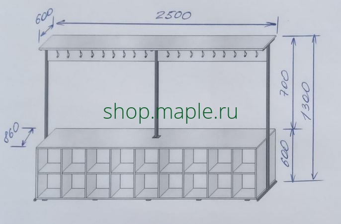 Картинка Вешалка напольная 2-х сторонняя с полками для обуви на 36 мест 2500*860*1300 мм.